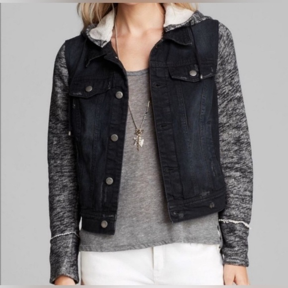 FREE PEOPLE Small Distressed Boho Knit Hooded Moto Jean Jacket Gray Black - Picture 1 of 10